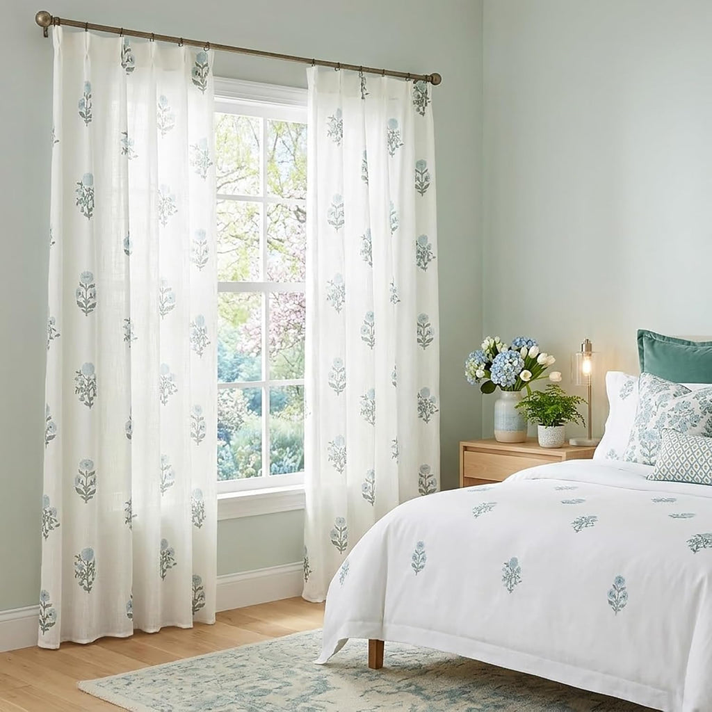 Pinch Pleated Floral Linen Curtains, 108 Inch Floor to Ceiling Pleat Drapes for Track System, 9FT Long Semi Sheer