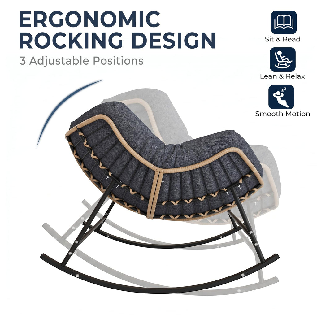 Outdoor Papasan Rocking Chair with Thick Cushion, Dark Grey