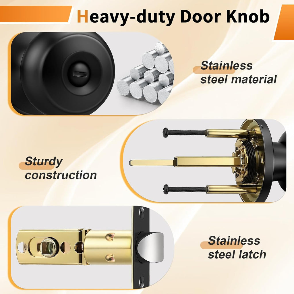 Black Door Knobs Bathroom, Interior Door Knob with Round Ball, Matte Black Privacy Door Knob, 6 Pack