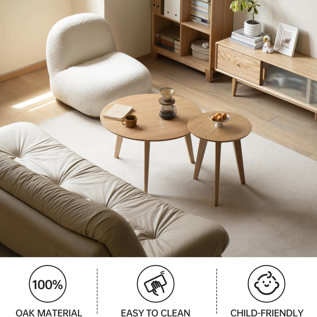 100% Solid Oak Wood Mini Coffee Table, Round Living Room Table Side Table w/Solid Wood Legs, Natural Minimalist