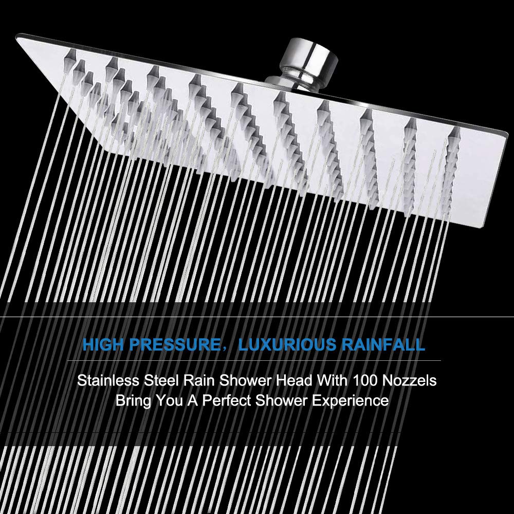 Rain Shower Head, High Flow Stainless Steel Square Rainfall Shower, High Pressure Design, Awesome Shower Experience