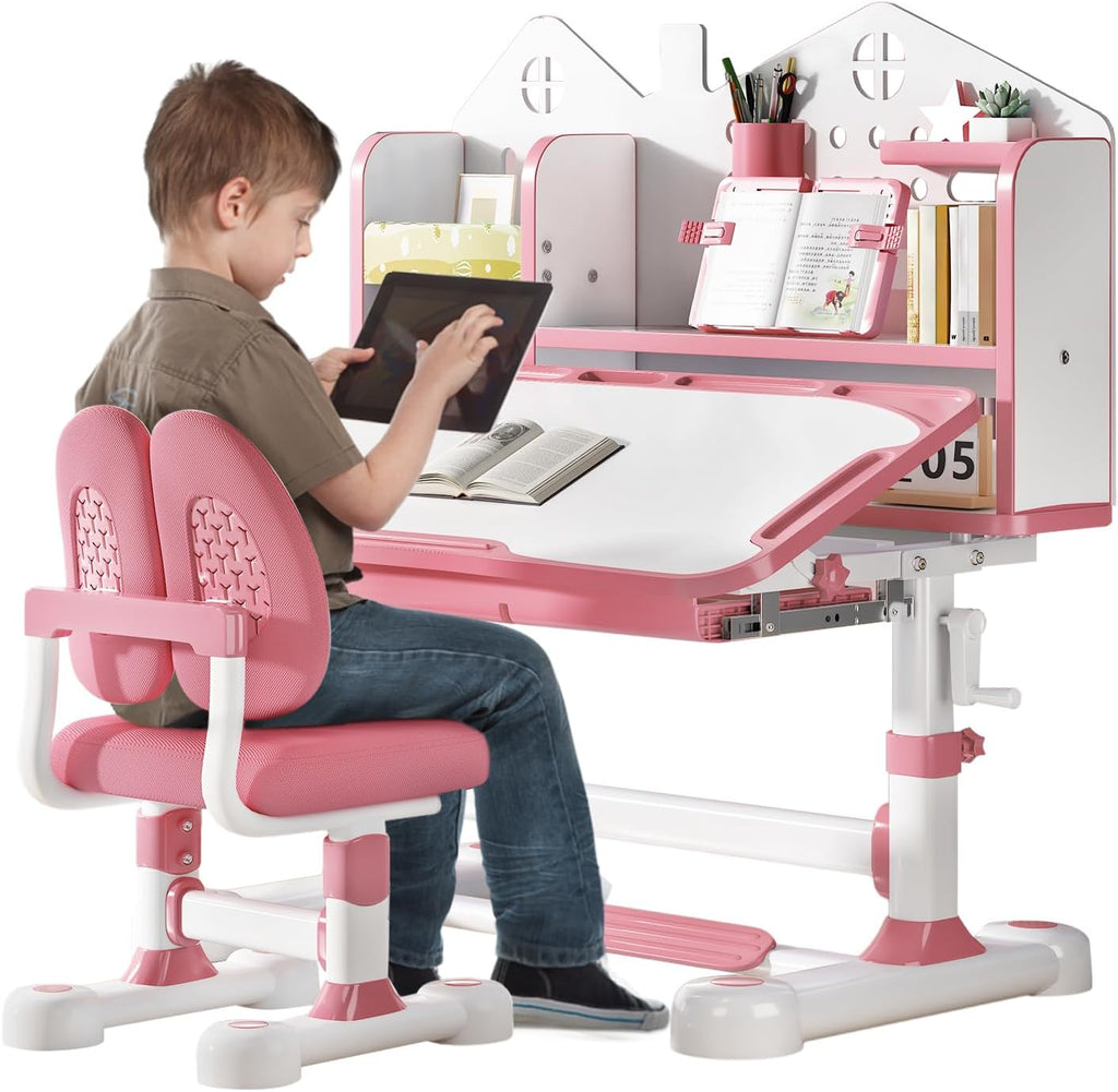 Kids Desk and Chair Set, Height Adjustable Study Desk for Kids Ages 3-12, Easy-Turn Crank Ergonomic Desk with 50°