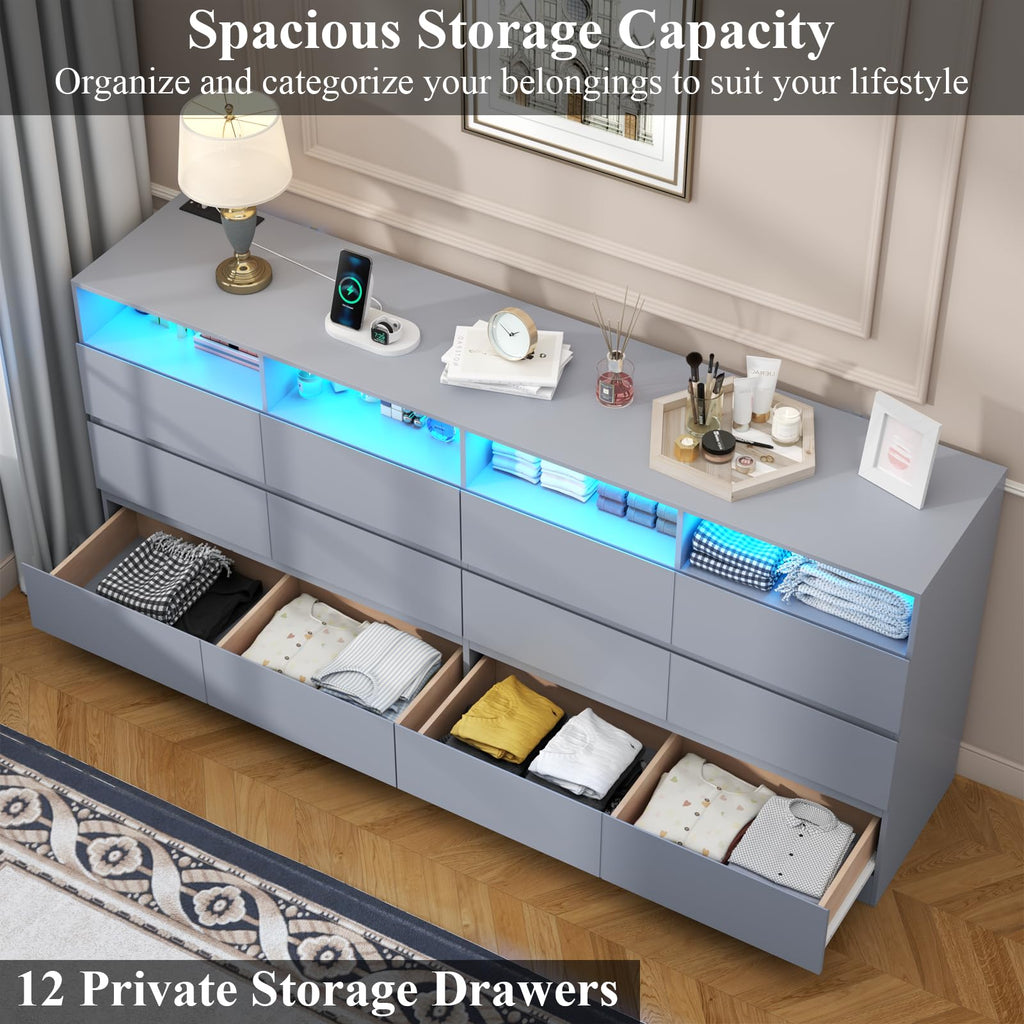 63" 6-Drawer Dresser with Divided Compartments, Power Outlet & LED Lights