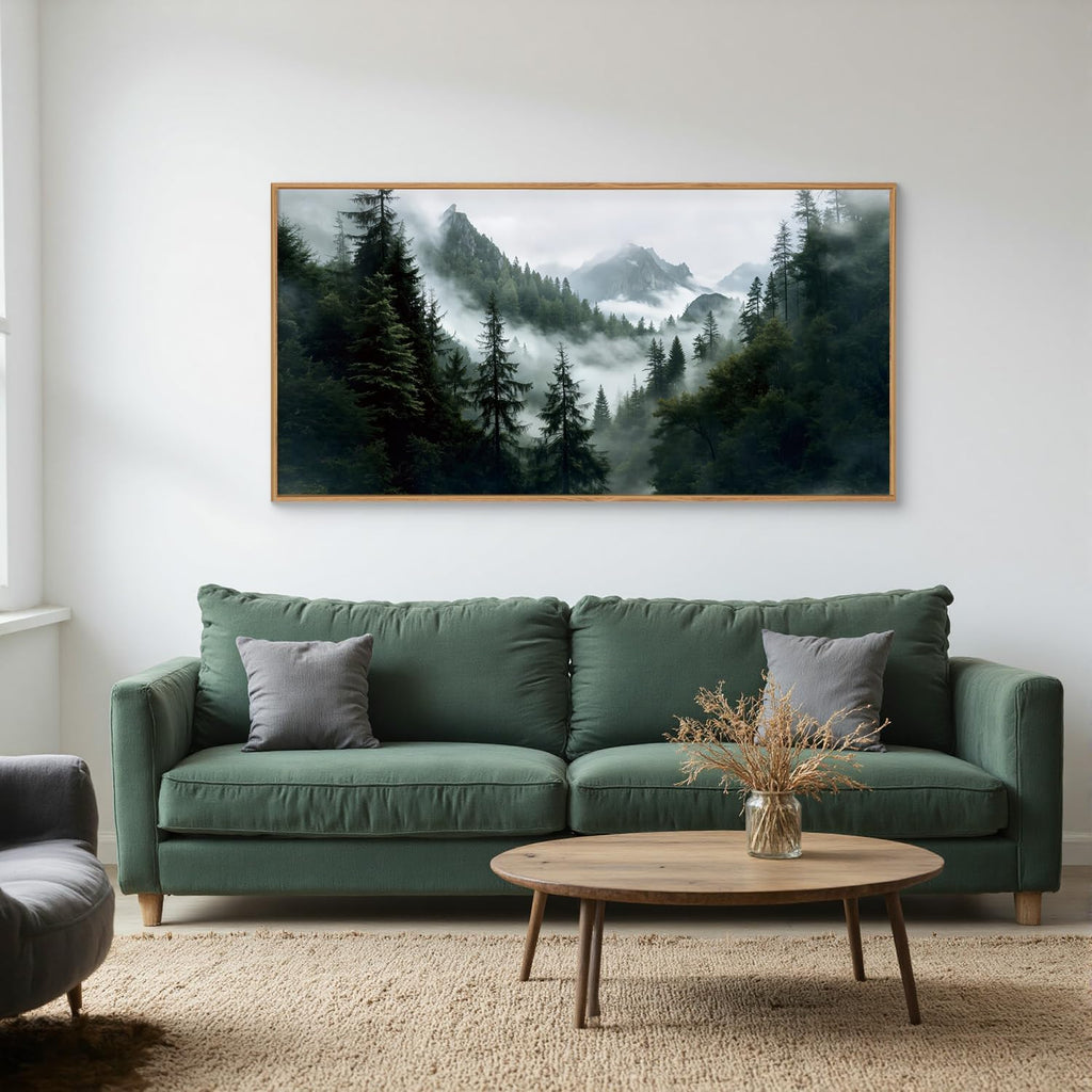 Boho Forest Mountain Framed Canvas Wall Art Set,Nature Foggy Woodland Ridge Wall Decor,Misty Pine Tree Artwork,Sage