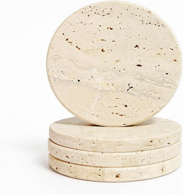 Natural Travertine Marble Coasters 4-Piece Set, Round Coasters, 4 Inches Coffee Table Stone Coasters, Suitable - Set of 4