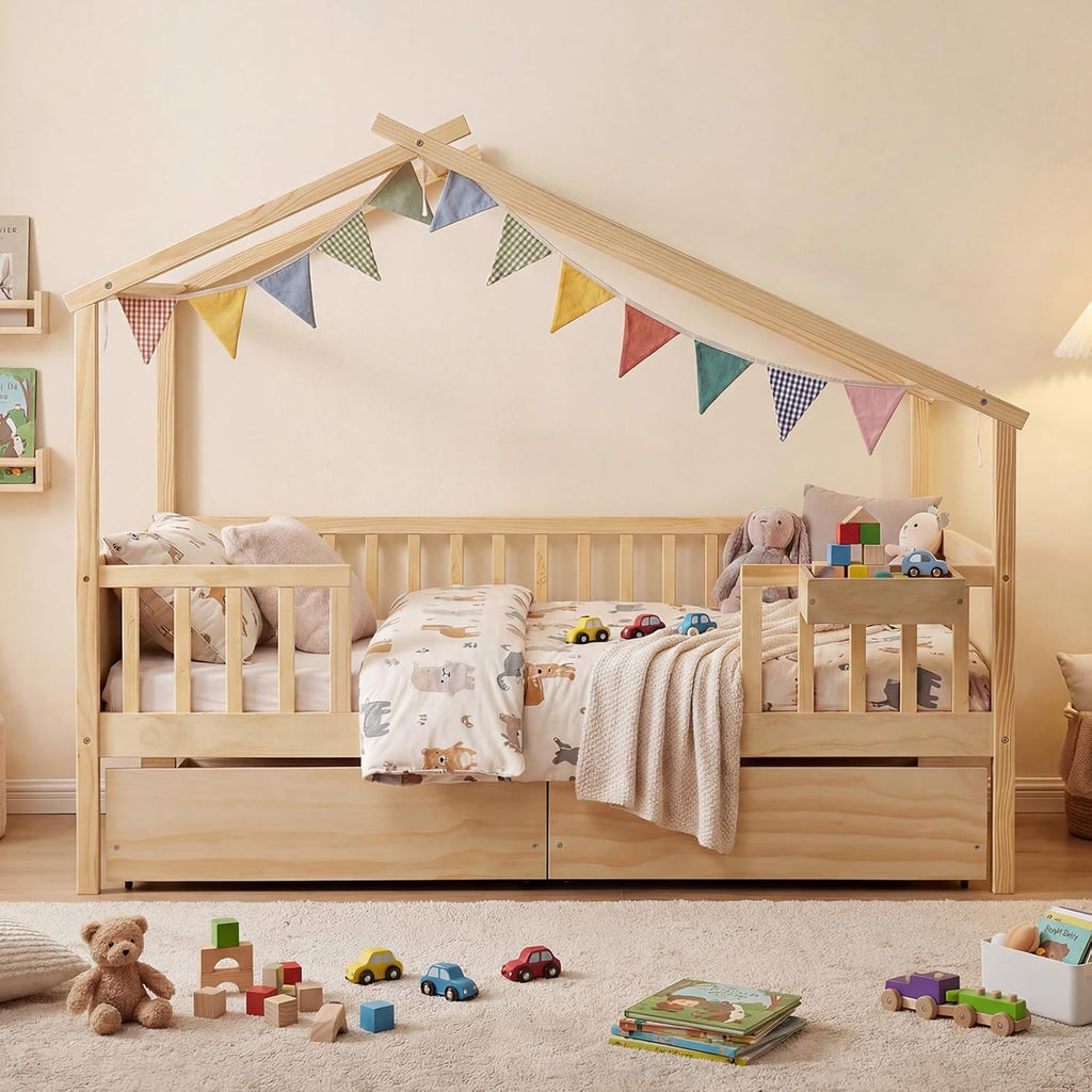 Full Size House Bed for Kids, Full Storage Bed with Roof & Fence Rails, Wood Bed Frame with Storage Box & 2 Rolling