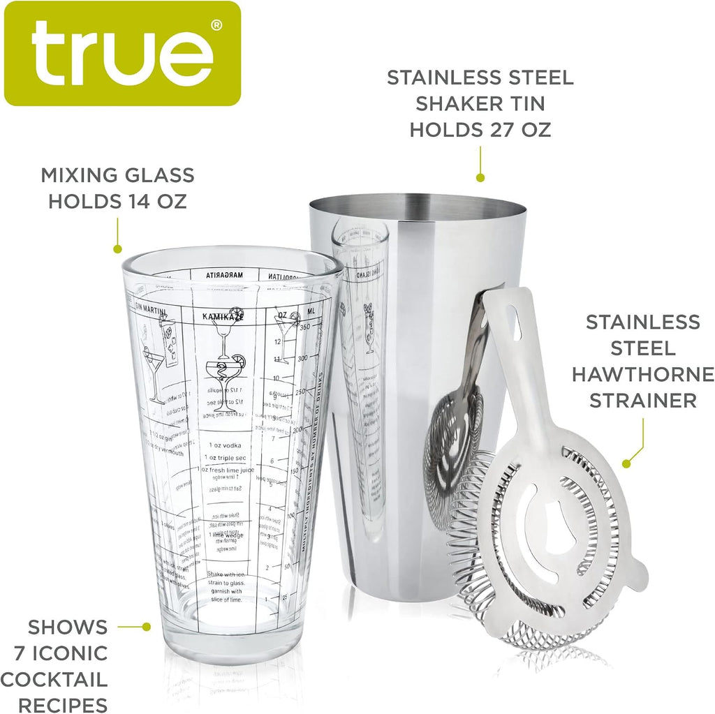 3-Piece Barware Set for Mixed Drinks and Cold Brew Cocktails, Includes Cocktail Shaker Tin, Cocktail Mixing Glass - Set of 3