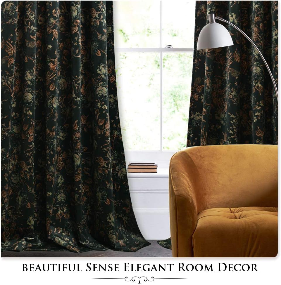 Black Velvet Curtains 84 inches Long - Printed Floral Design Home Decoration Back Tab Vintage Thermal Insulated Room