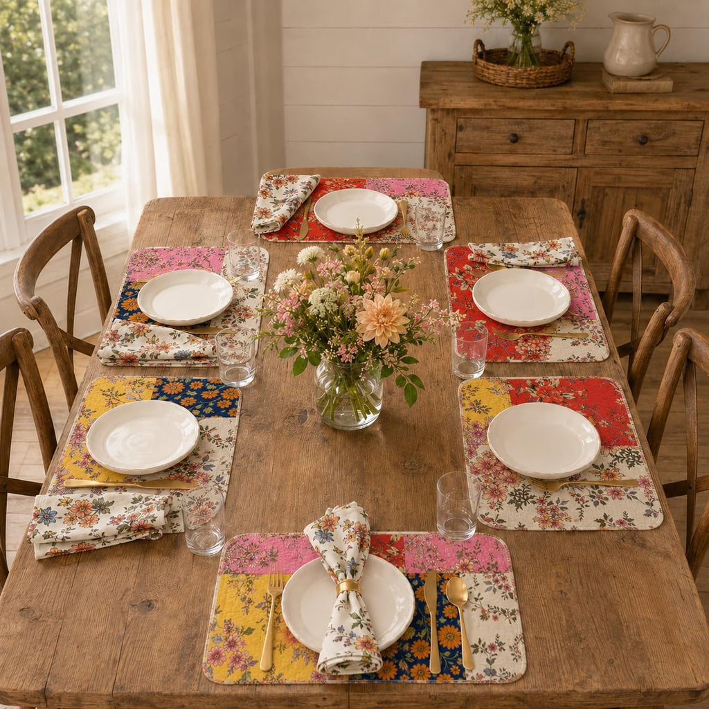 12-Piece Quilted Patchwork Placemats & Floral Napkins | 13 x 19 in mats, 18 x 18 in napkins, reversible, machine