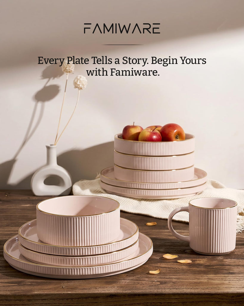 Plates and Bowls Set with Rim, Stoneware Dinnerware Sets for 4