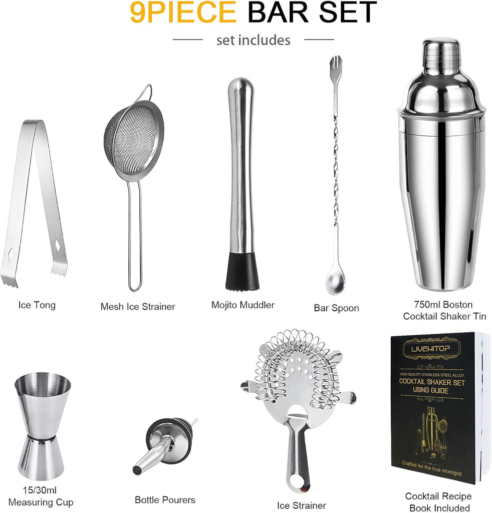 Cocktail Shaker Set, Stainless Steel Bartending Kit with 25 oz Martini Shaker, Jigger, Strainer, Mixing Spoon - Set of 9