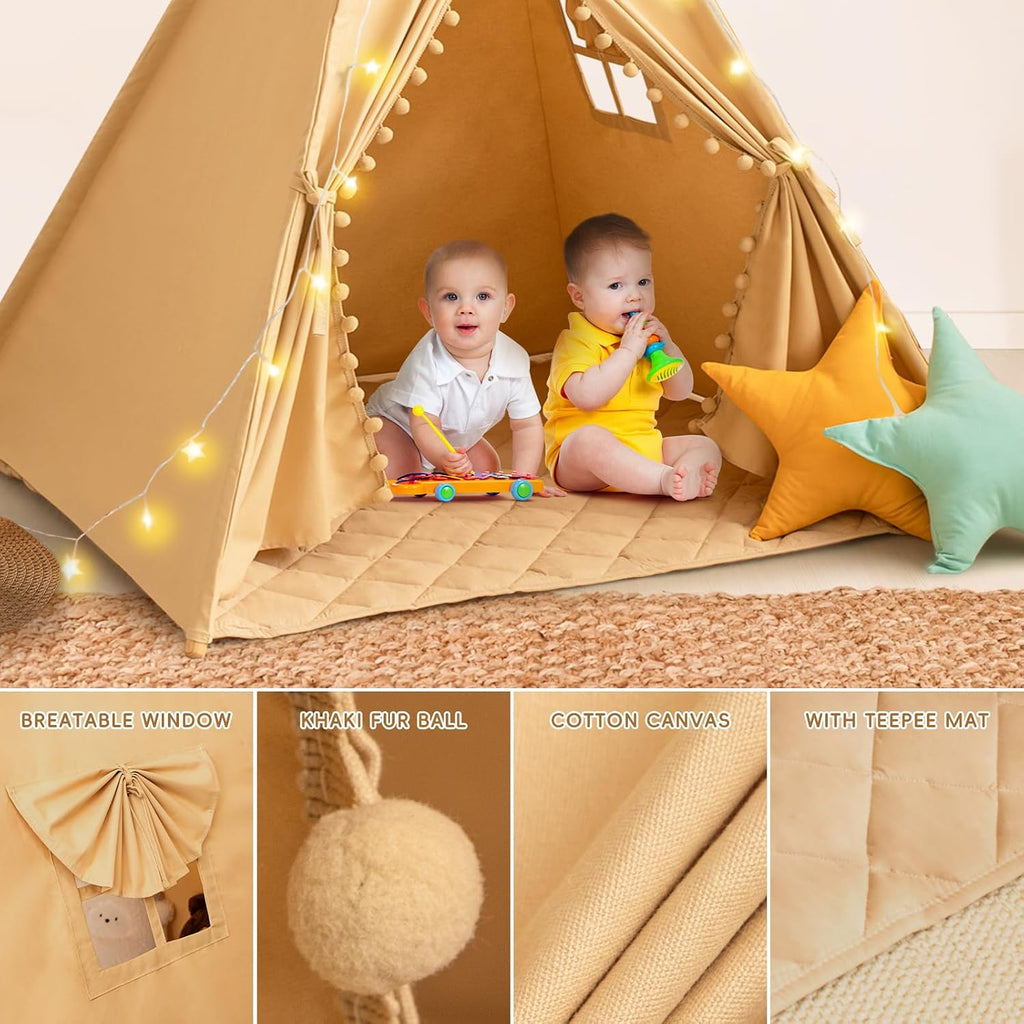 Teepee Tent for Kids with Mat, Cotton Canvas Kids Teepee with Pompom for Toddlers Indoor Play Tent for Girls Boys