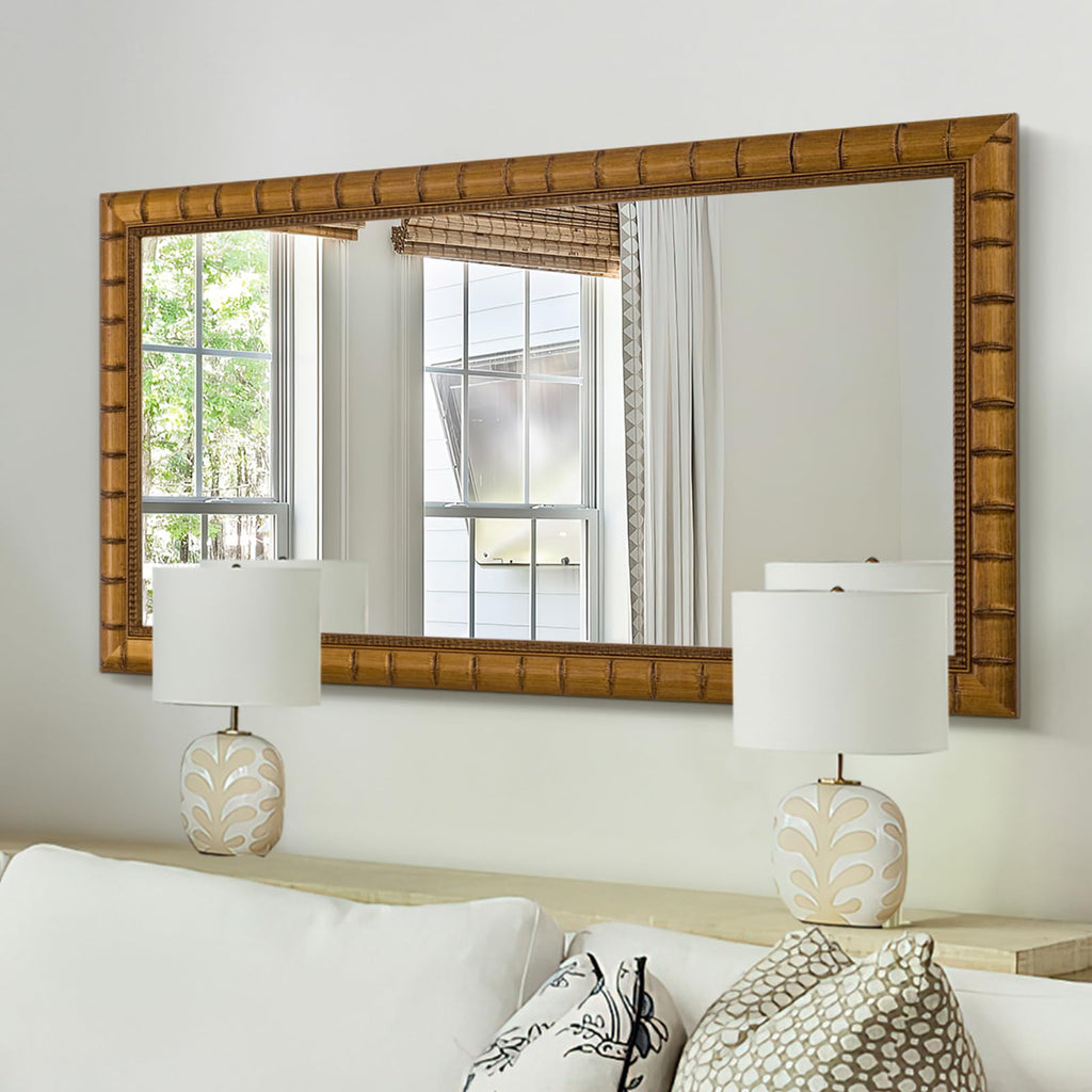 Large Wall Decorative Mirror, 48'' x 24'' Antique Gold Mirror with Bamboo-Joint Design, Rectangular Warm Gold Mirrors