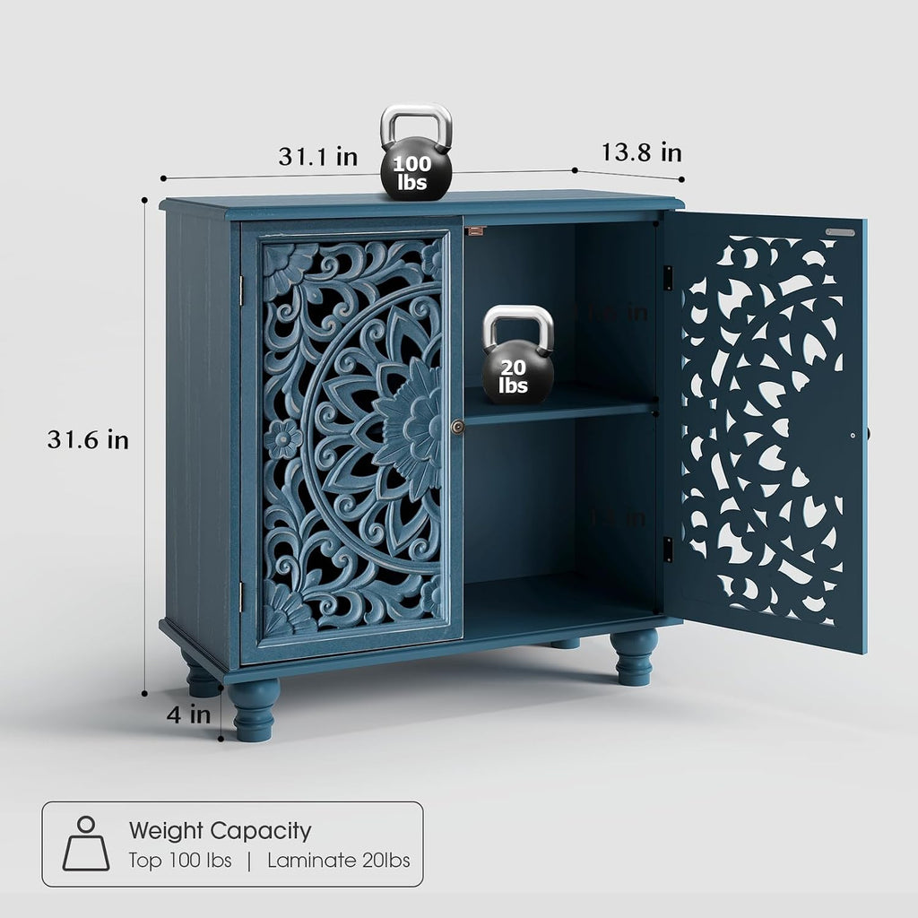 31" Accent Storage Cabinet with Carved Doors,Mandala Blue | Carved Floral Design, Solid Wood Legs, Versatile Storage