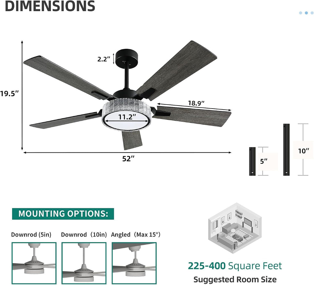 52 Inch Chandelier Ceiling Fans with Lights and Remote/App, Smart Ceiling Fans Compatible with Alexa