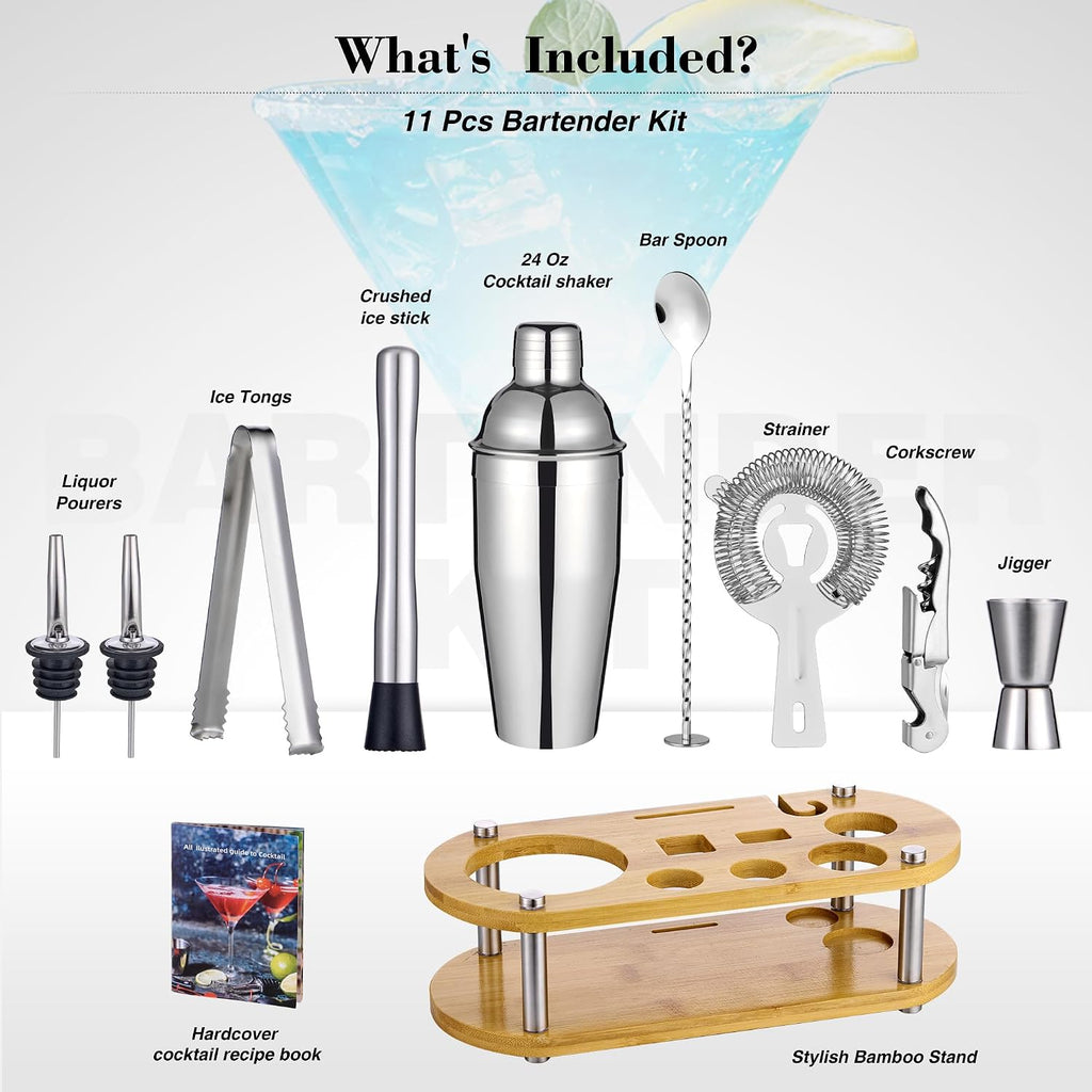Cocktail Shaker Bartender Kit, Bar Tool Set with Bamboo Stand - Set of 11