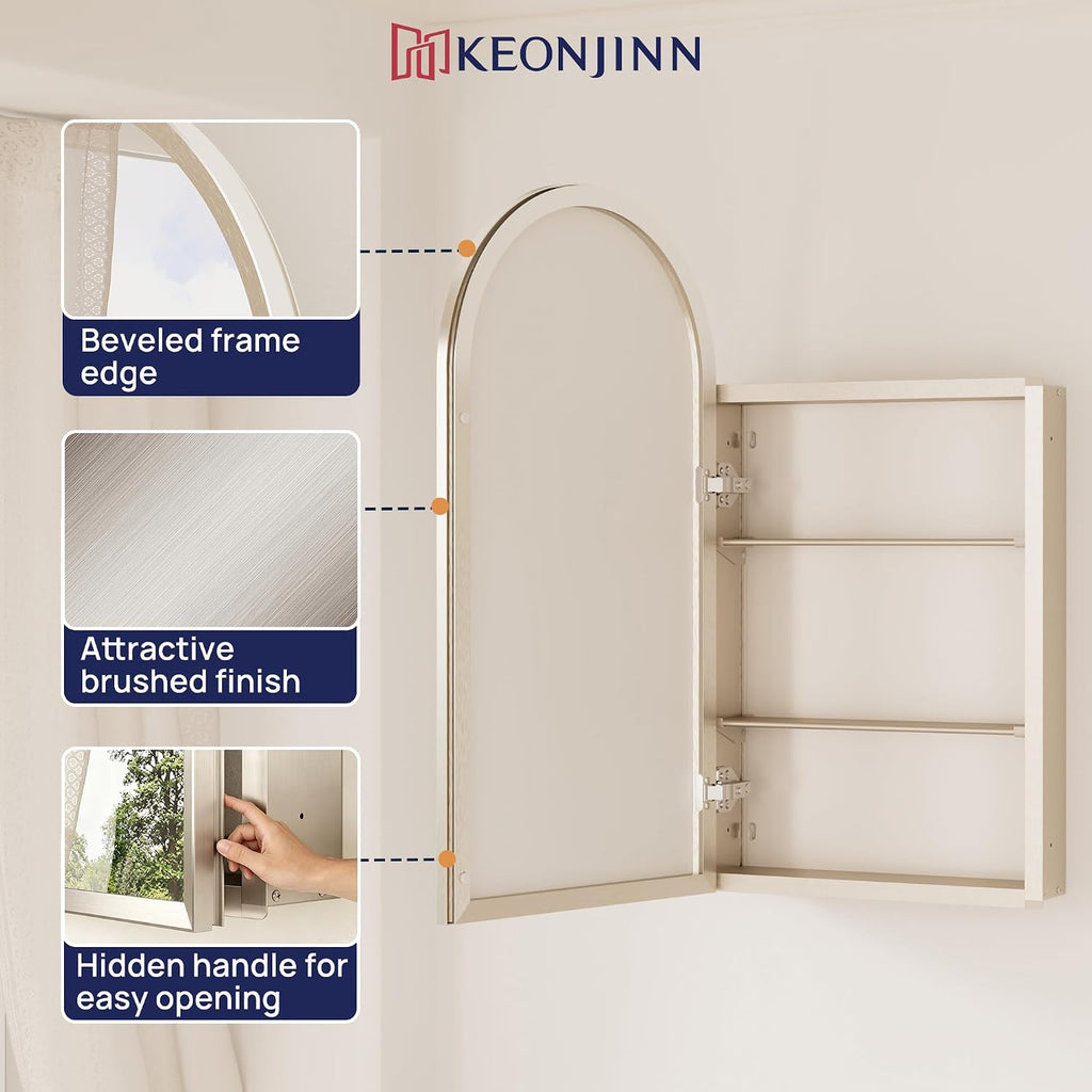 Arched Medicine Cabinet with Mirror 20" x 32", Brushed Nickel | Assembly Required, Surface Mount Medicine Cabinet