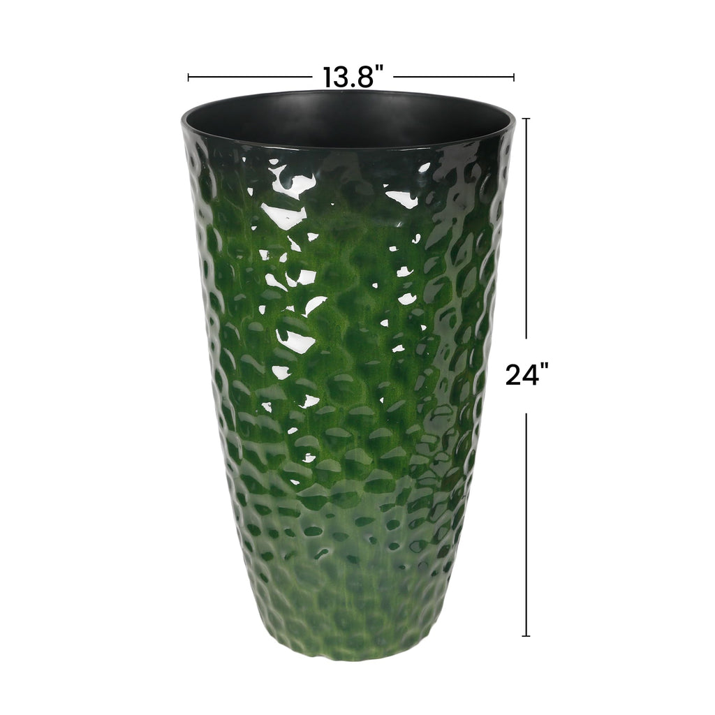 Garden 14" Dia x 24" H Large Plastic Planters with Drainage Hole, Set of 2 Hammered Texture Green Glossy Smooth