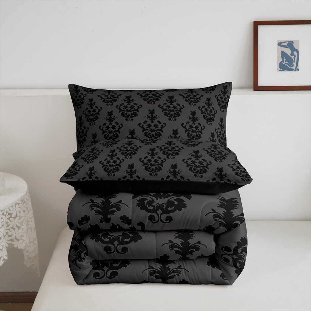 Gothic Victorian Damask Comforter Set King - Vintage Baroque Goth Bed Set With Black Floral Pattern - Bohemian Decor