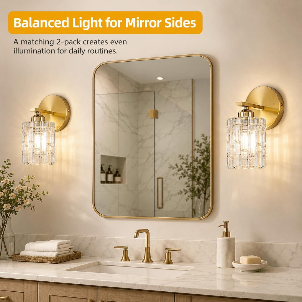 2-Pack 1-Light Modern Matte Black Crystal Wall Sconces, Hardwired Indoor Bathroom Vanity Light Fixtures, Crystal Over