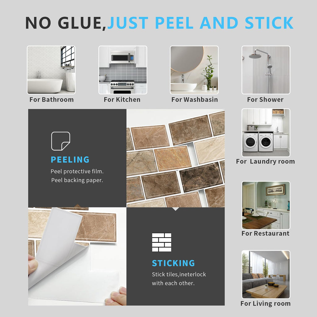 10-Sheet Stick on Backsplash ,12"x12" Peel and Stick Self Adhesive Wall Tiles Back Splashes Brown Marble Look