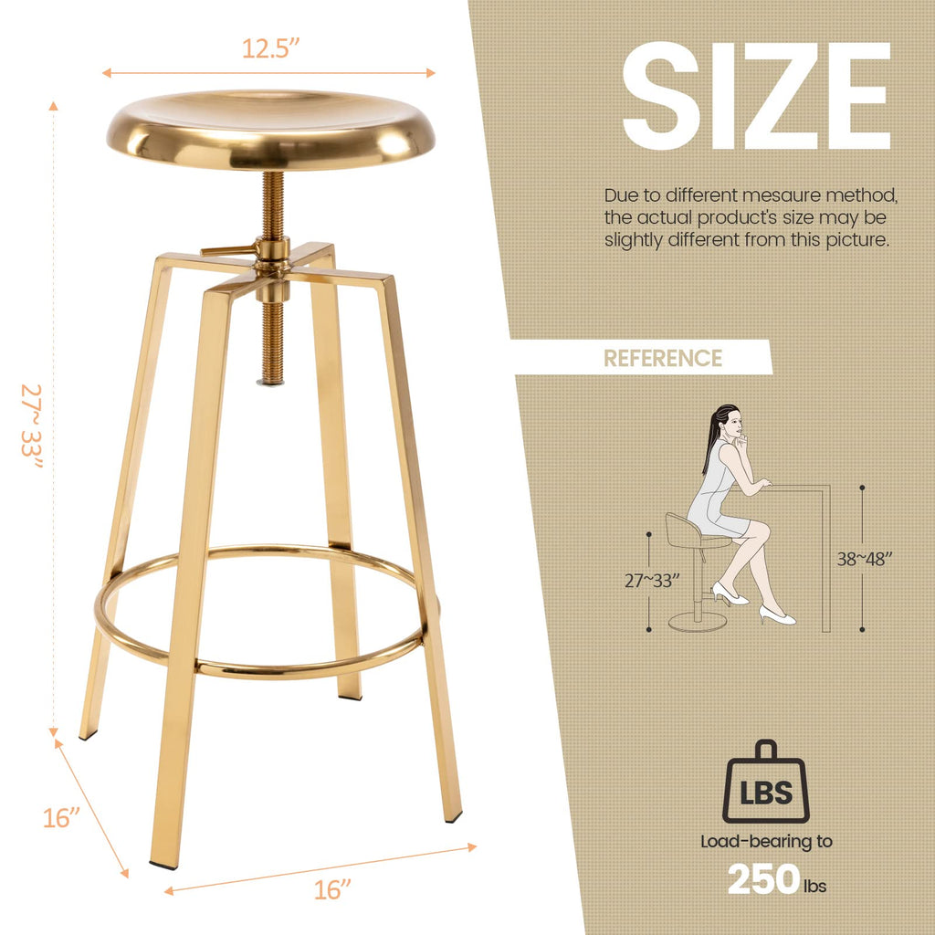 Atlas Industrial Bar Stools Set of 2, Adjustable Swivel Metal, Gold