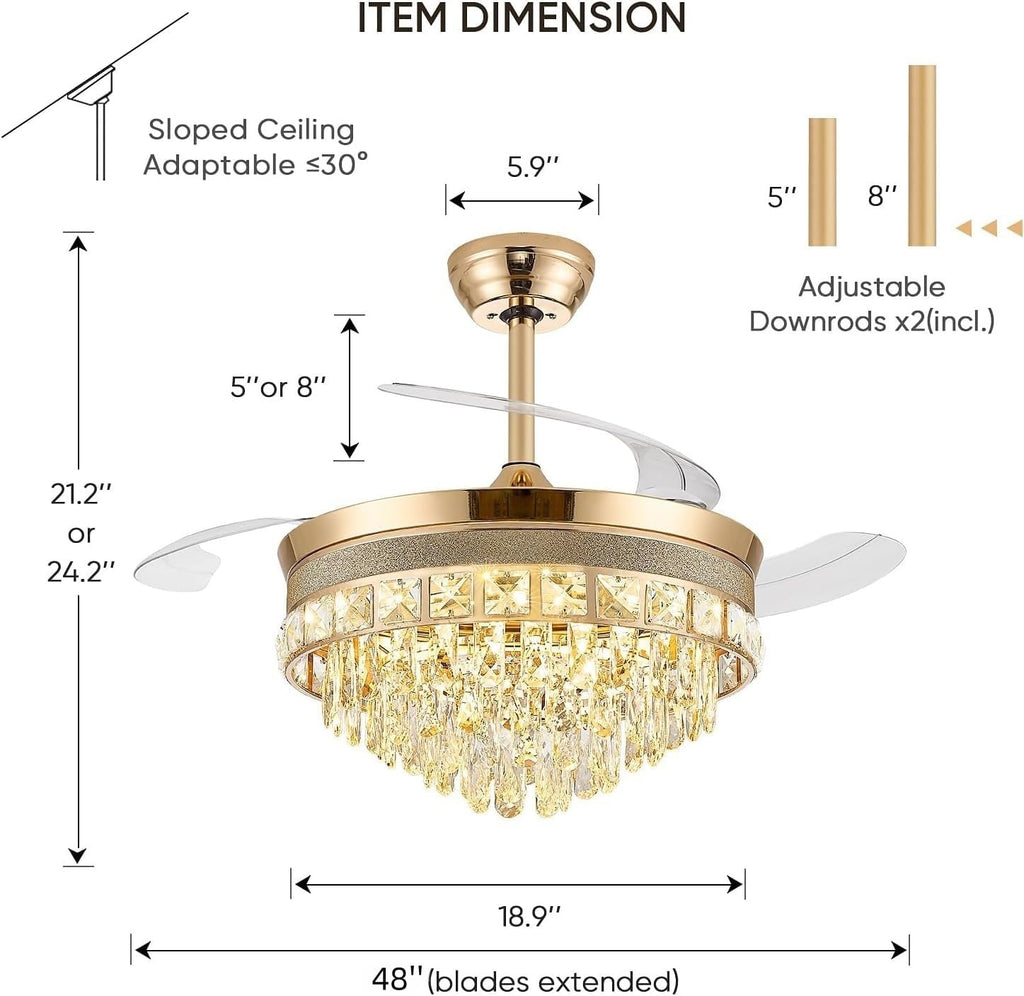 48 Inch Chandelier Ceiling Fans with Lights, Retractable Ceiling Fan with Lights, Crystal Fandelier Ceiling Fan