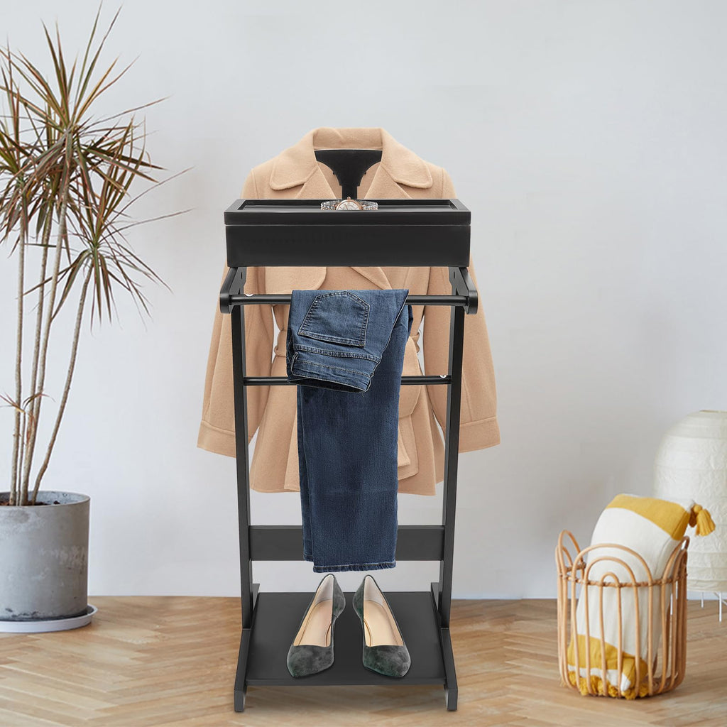 Wood Men Valet Stand Multifunction Clothes Valet Floorstanding Suit Stand Rack with Drawer & Shoe Rack Use (Black)