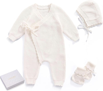 Cotton Baby Knit Romper Kimono Outfit Gift Set Hat Booties