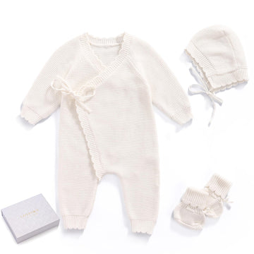 Cotton Baby Knit Romper Kimono Newborn Outfit Gift Set Hat Booties