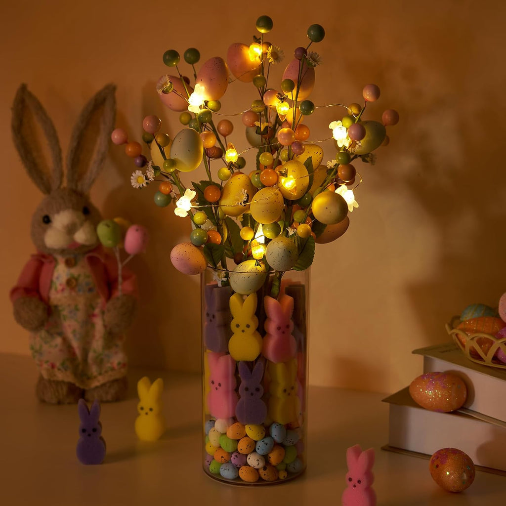 Artificial Easter Berry Picks Branches with Vase, Easter Egg, Bunny, Easter Table Decor, Spring Flowers Picks - Set of 3