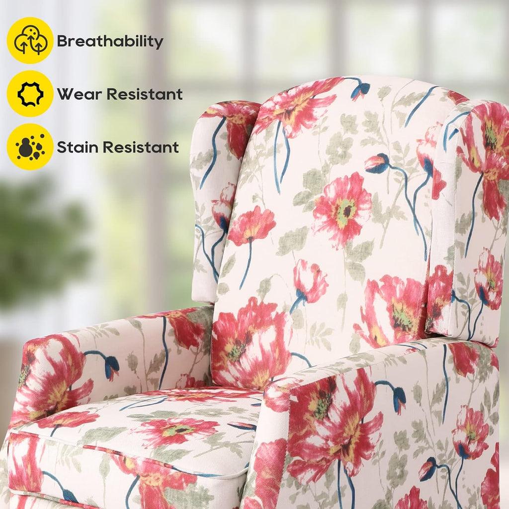 Upholstered Wingback Recliner Chair, Traditional Push Back Recliner Chair with Padded Seat, Fabric Floral Chair