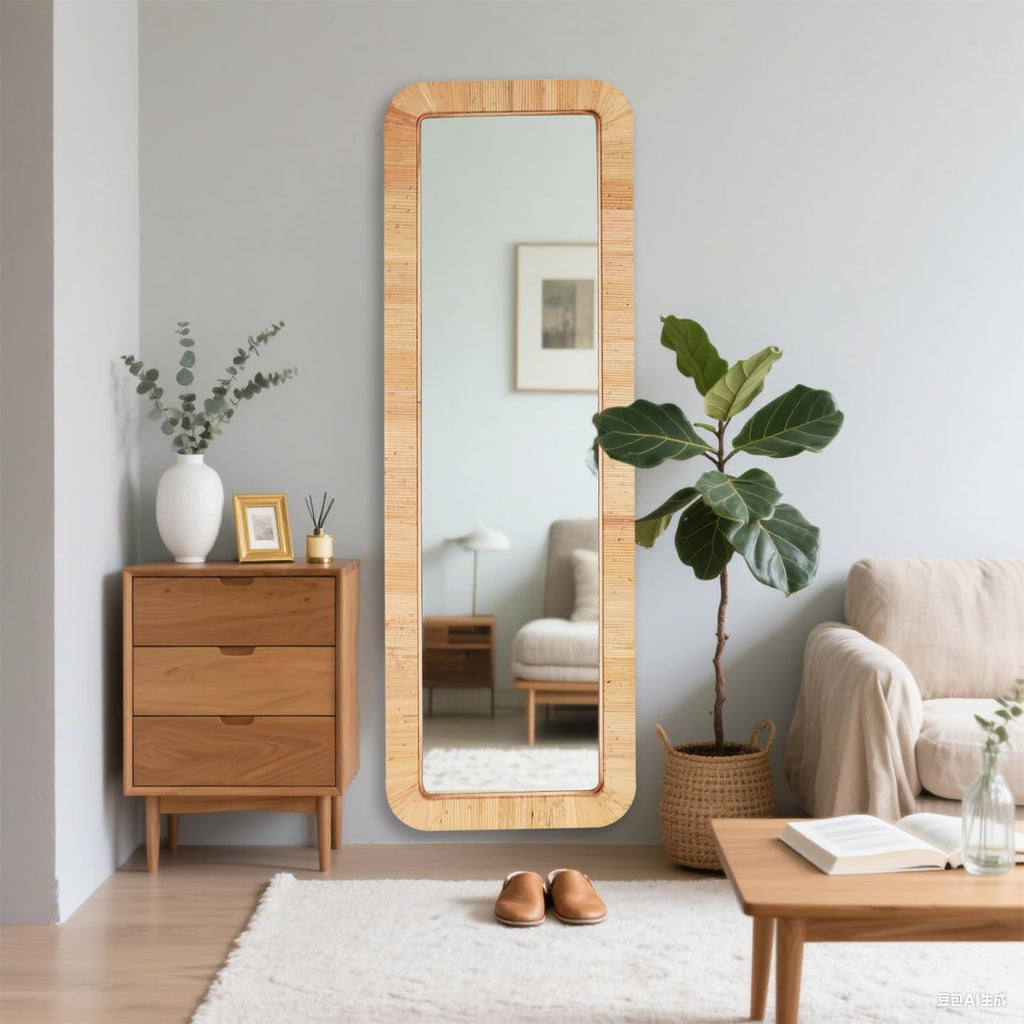 Rattan Full Length Mirror, Rectangle 63X20 Full Body Bathroom Boho Wicker Vanity Coastal Farmhouse Wood Wall Mirror