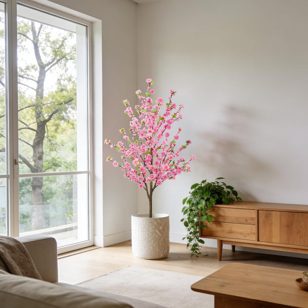 5FT Artificial Cherry Blossom Tree Faux Pink Tree Silk Sakura Tree with Plastic Moss Pot Artificial Trees Decor