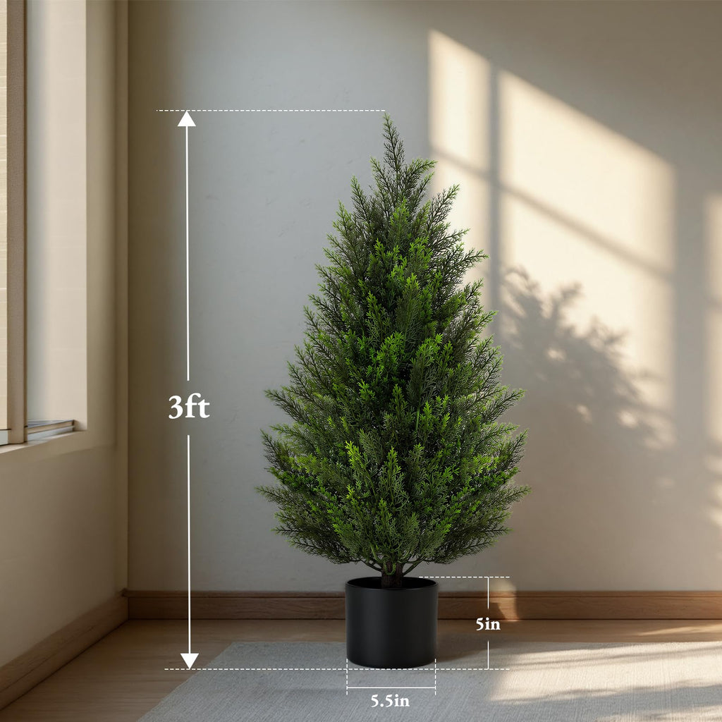 Artificial Cedar Trees 3FT Faux Cedar Topiary Evergreen Plants UV Resistant Outdoor Indoor Fake Cypress Pine Trees