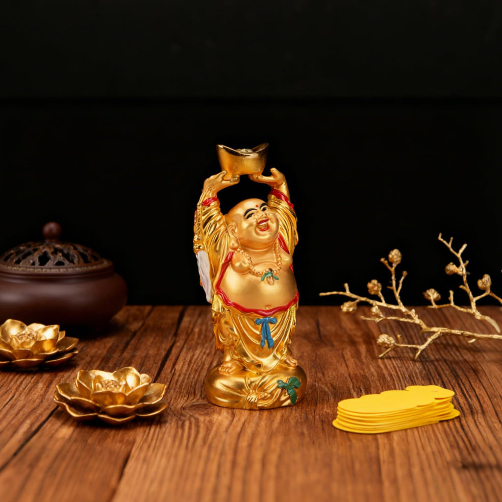 Resin Feng Shui Golden Laughing Buddha Holding Ingot Statue 4.7in(H)