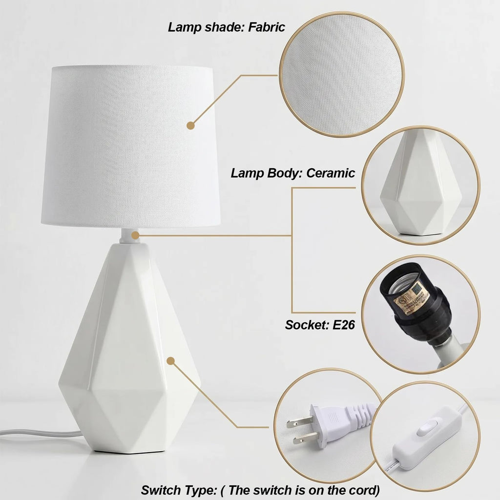 15" Modern Small Ceramic Table Lamp, White Irregular Geometric Bedside Table lamp, Nightstand Lamps with White Fabric