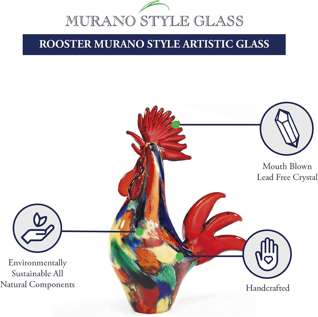 Murano-Style Art Glass Rooster Sculpture Table Decor, 11 Inch