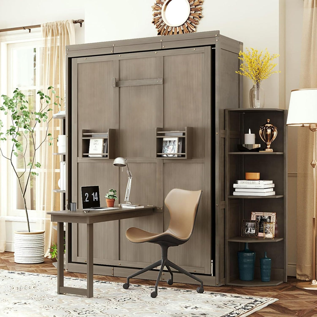 360° Swivel Queen Horizontal Murphy Bed with Desk Combo and Storage Bookshelf, Foldable Murphy Chest Hidden Wall Bed