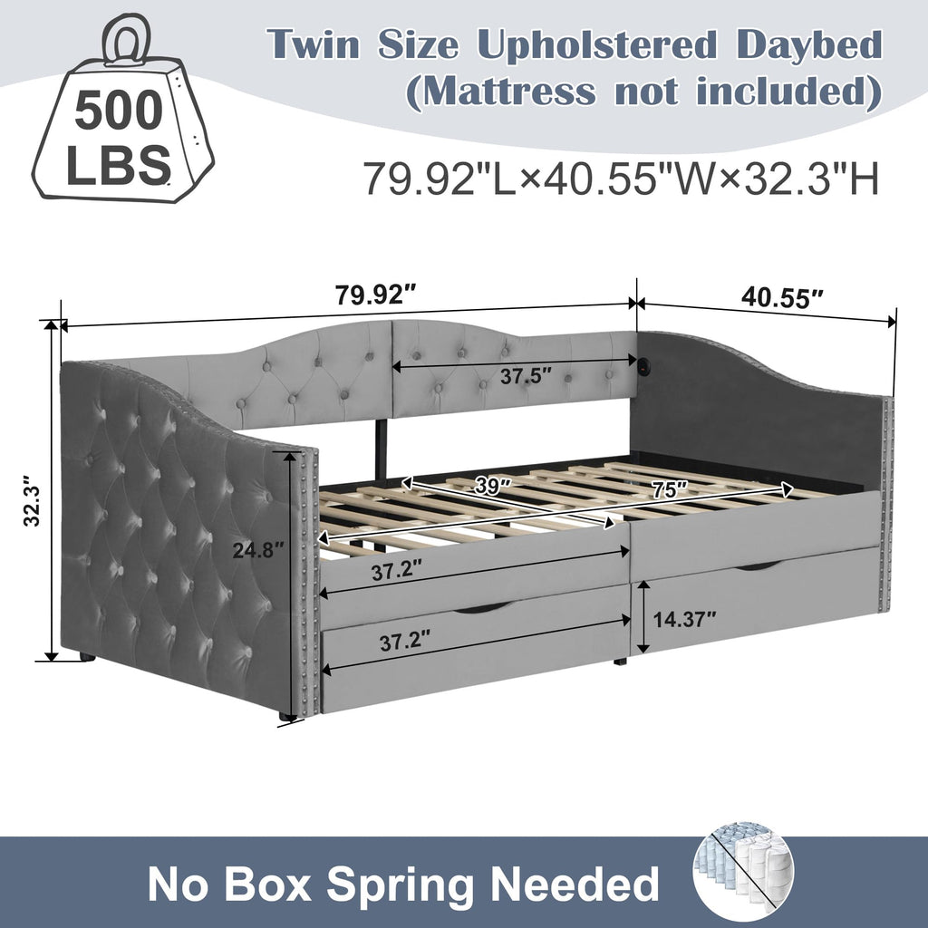 Twin Daybed with Storage, Upholstered Daybed with USB Charger and Two Storage Drawers, Button Tufted Velvet Twin Day