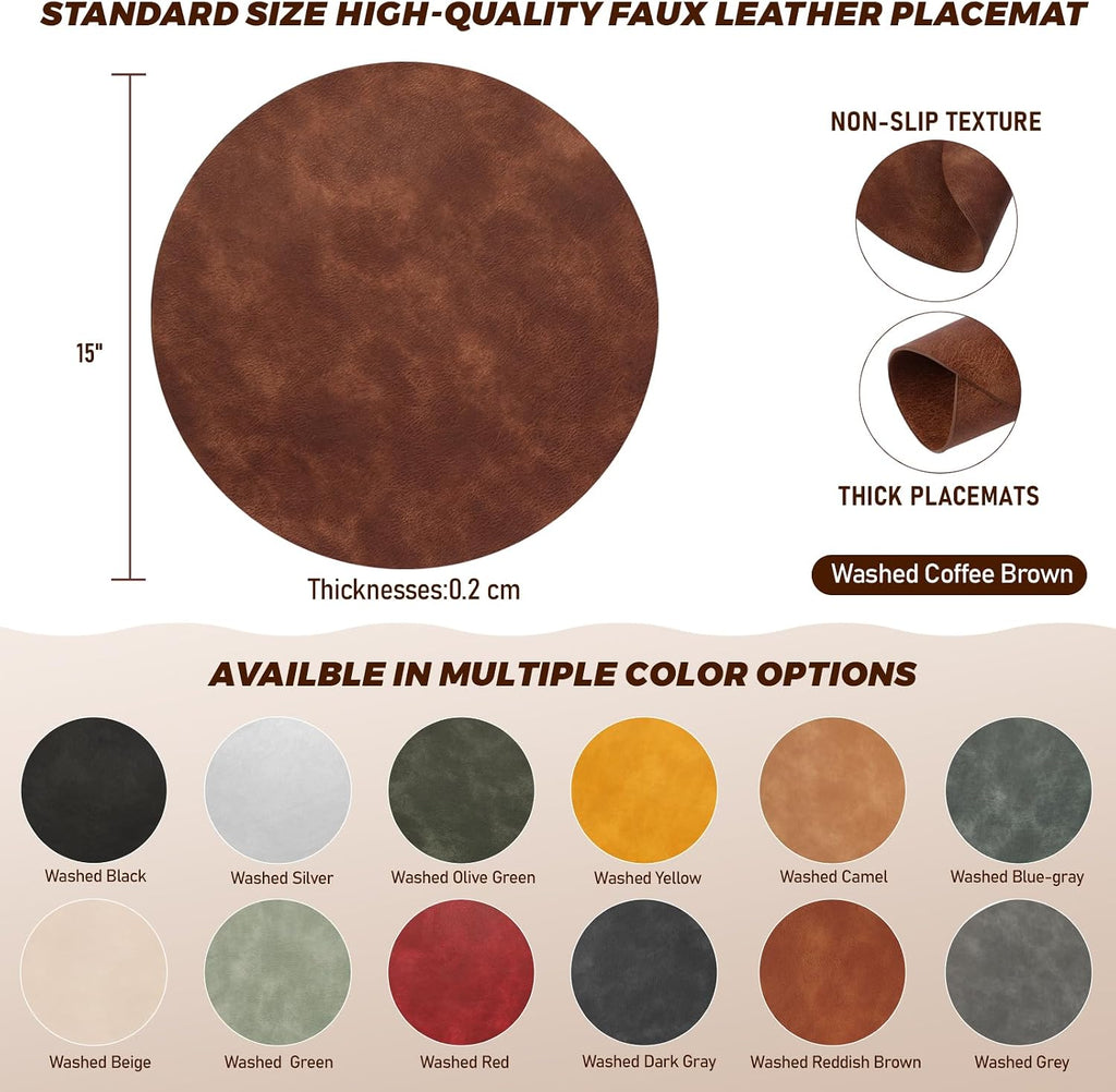 UnivoColors Placemats Round Faux Leather Placemats-Waterproof-Wipe Clean-Heat Resistant-Anti Slip Dining - Set of 8