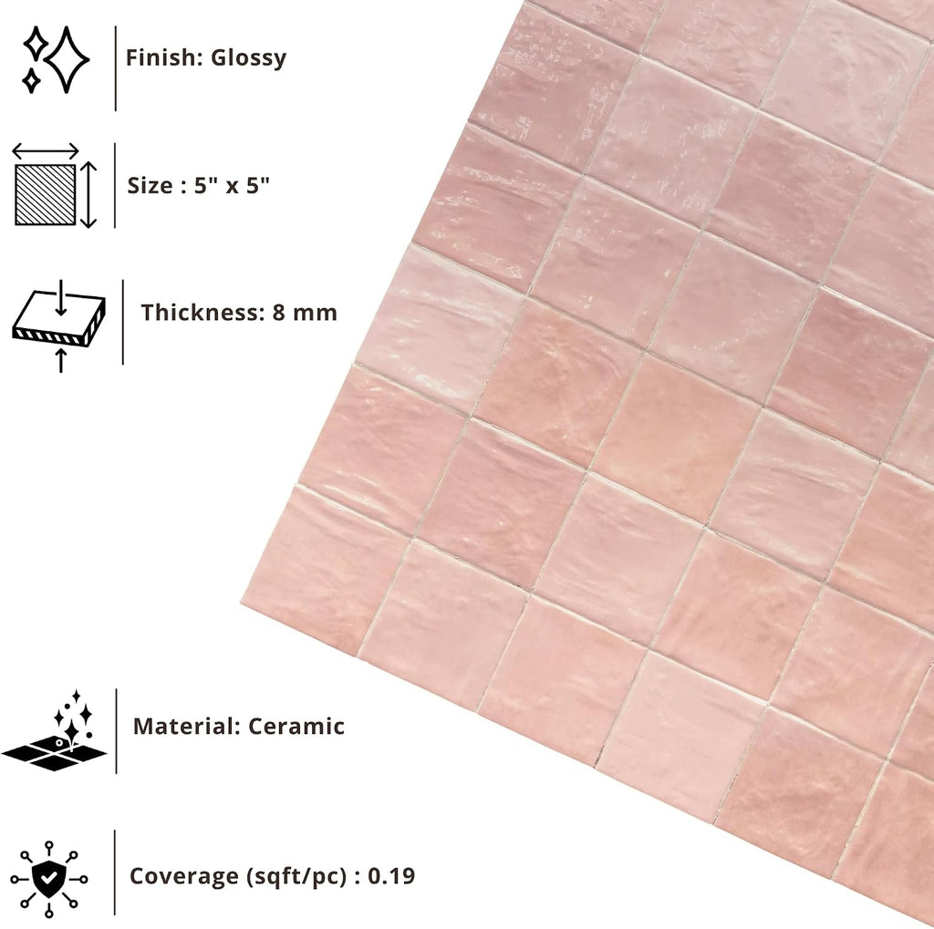 5x5 Glossy Pink Zellige Look Ceramic Wall Tile - Handmade Style Square Field Tile (4 Pieces)