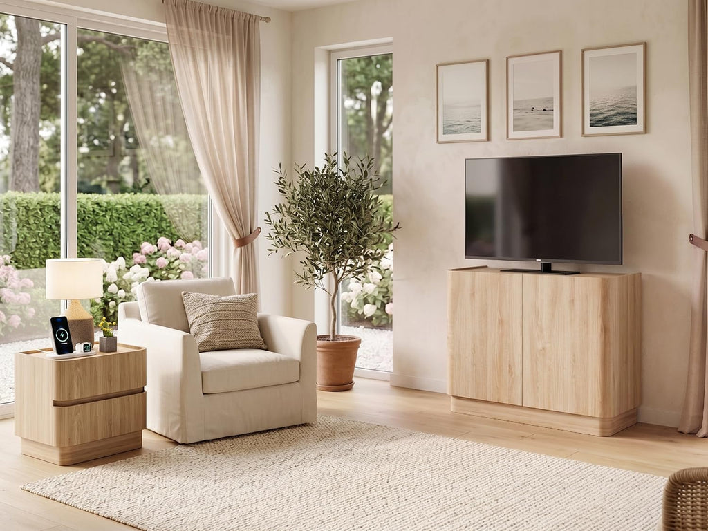Sideboard Buffet Cabinet with Storage, 31'' Natural Oak Wood Buffet with Adjustable Shelves & 210° Wide-Opening
