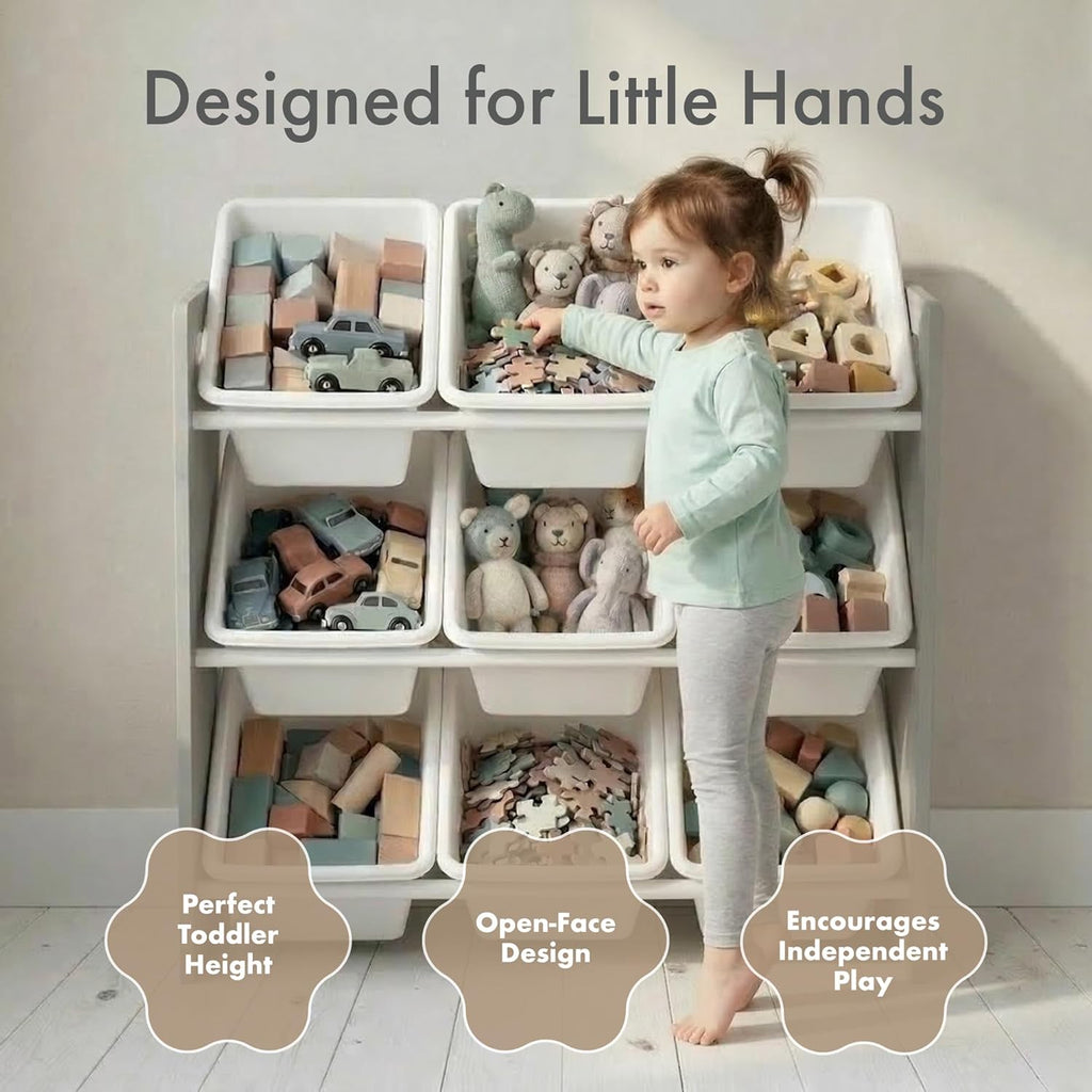 Kids Toy Organizer with 9 Bins, 3 Tier Storage | Sturdy wood and steel toddler shelf, removable BPA-free containers