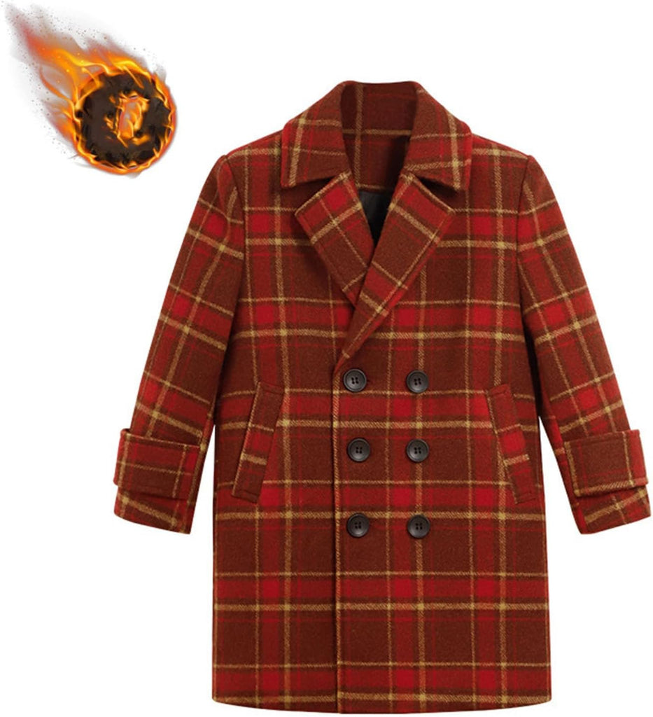 Toddler Kids Plaid Trench Coat Girls Boys Wool Blend Pea Coats Notched Lapel Double Breasted Casual Overcoat