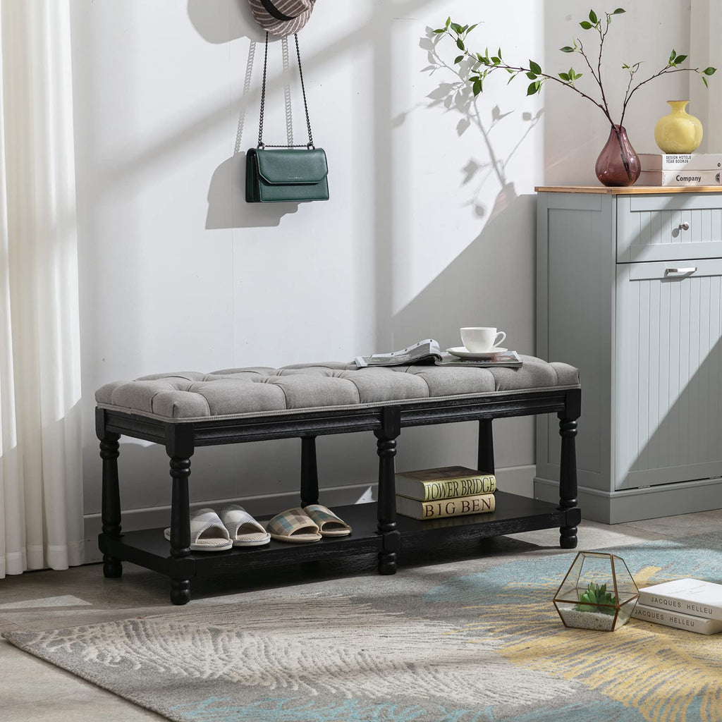 Mid-Century Tufted Storage Bench with Shelf, Linen Upholstered Farmhouse Entryway Shoe Bench Ottoman Bed End Stool
