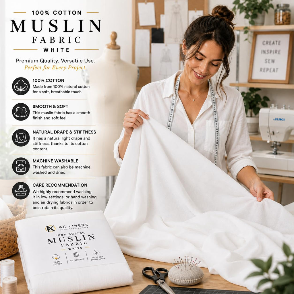 Muslin Fabric/Textile Bleached - Draping Fabric - Bleached White 10 Yards Medium Weight - 100% Cotton (60in. Wide)