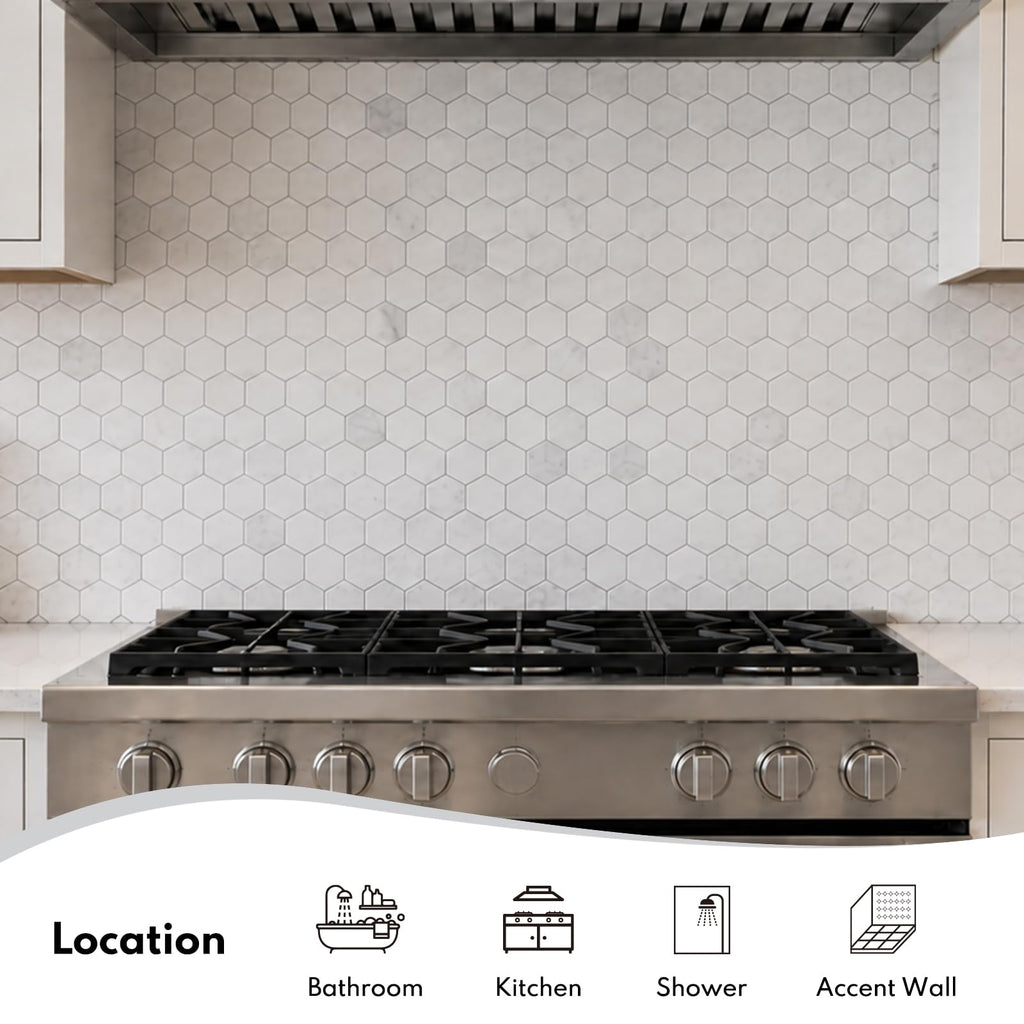 Bianco Alba Marble Stone 2 Inch Hexagon White Marble Mosaic Tile Wall Bathroom Shower Floor (5 Sheet, Honed)