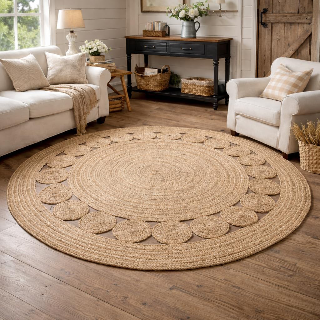 Round Jute Area Rug 8 FT Natural Beige Handwoven Reversible Mat