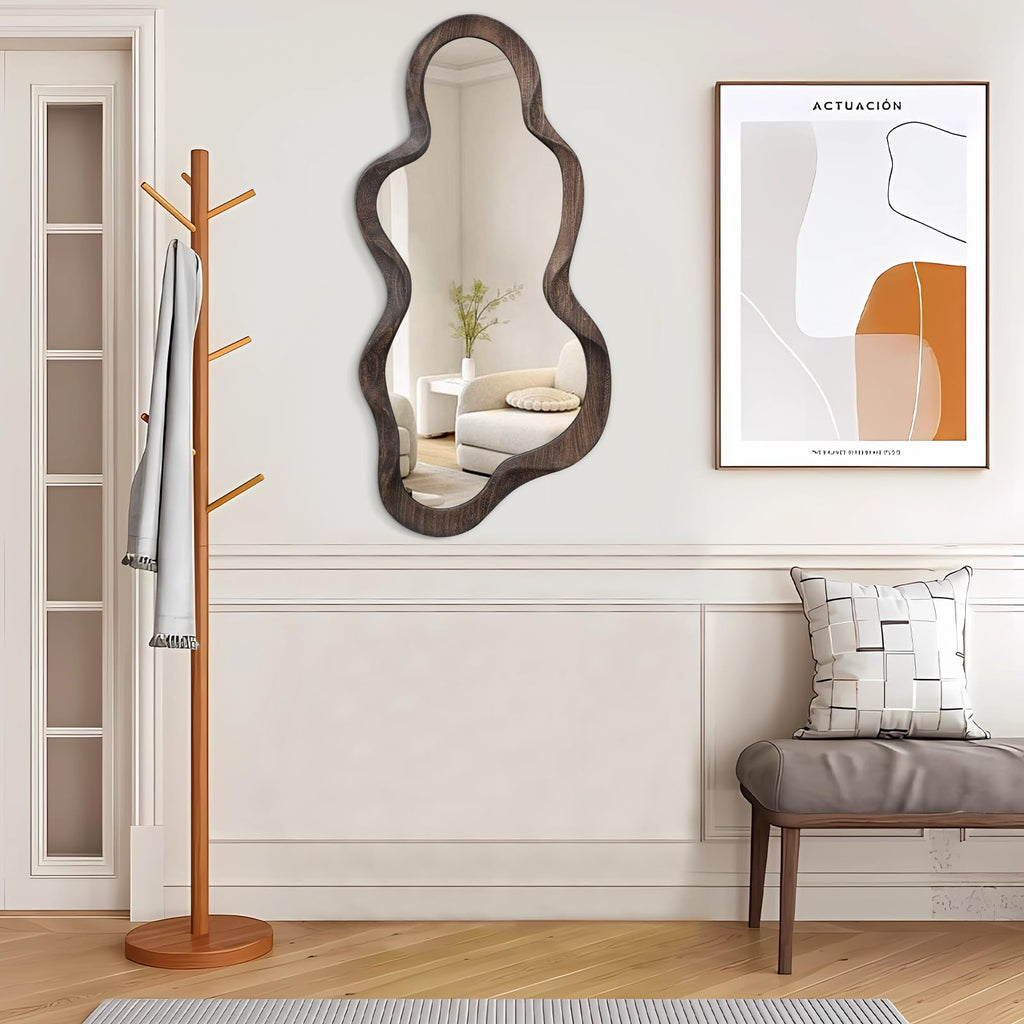 Large Asymmetrical Mirror, Wall Wood Frame Irregular Cloud Wavy Mirror